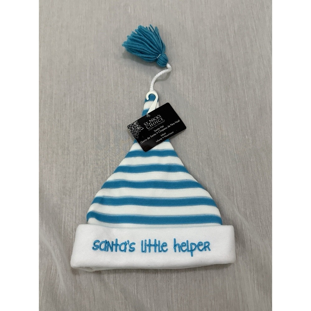 Christmas Santa's Little Helper Baby Infant Stocking Hat Cap Blue Stripe New NWT